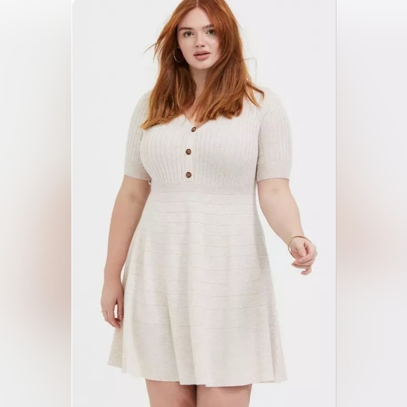 Torrid Oatmeal Button Front Short Sleeve Sweater Knit Skater Dress 2X - Picture 1 of 11